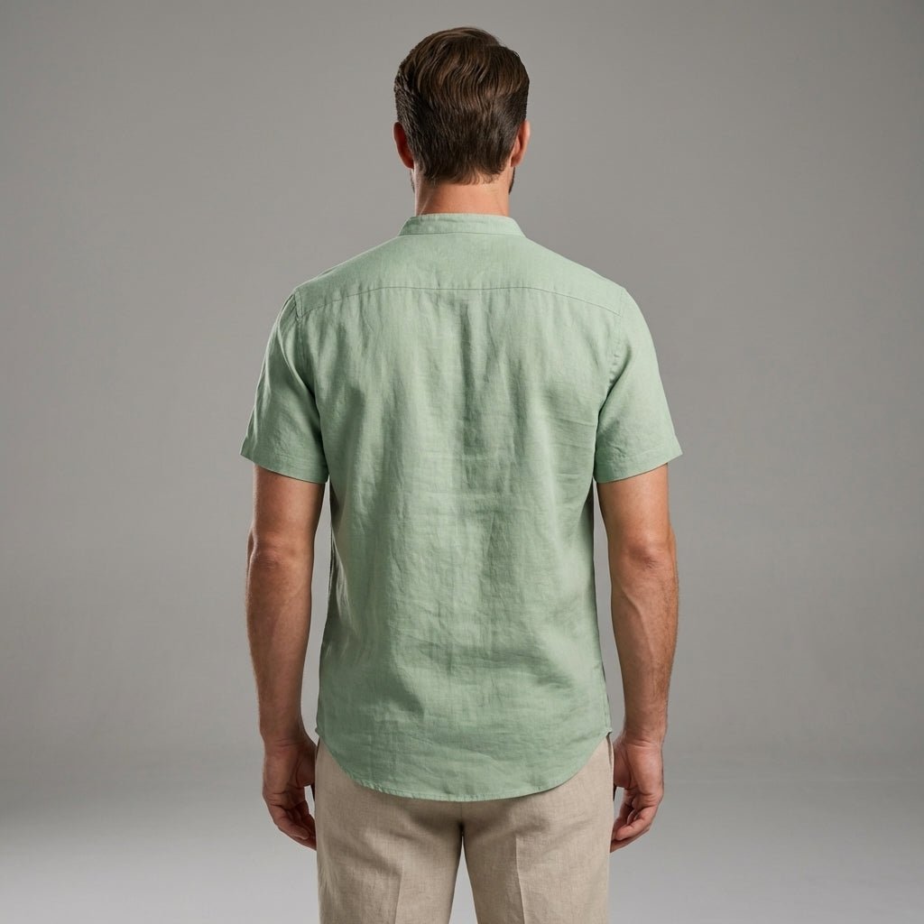Lniana koszula męska krótki rękaw – stójka, luźny krój - Arkadya Outlet - Men Shirt