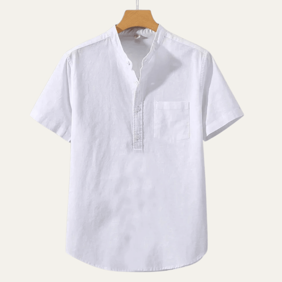 Lniana koszula męska krótki rękaw – stójka, luźny krój - Arkadya Outlet - Men Shirt