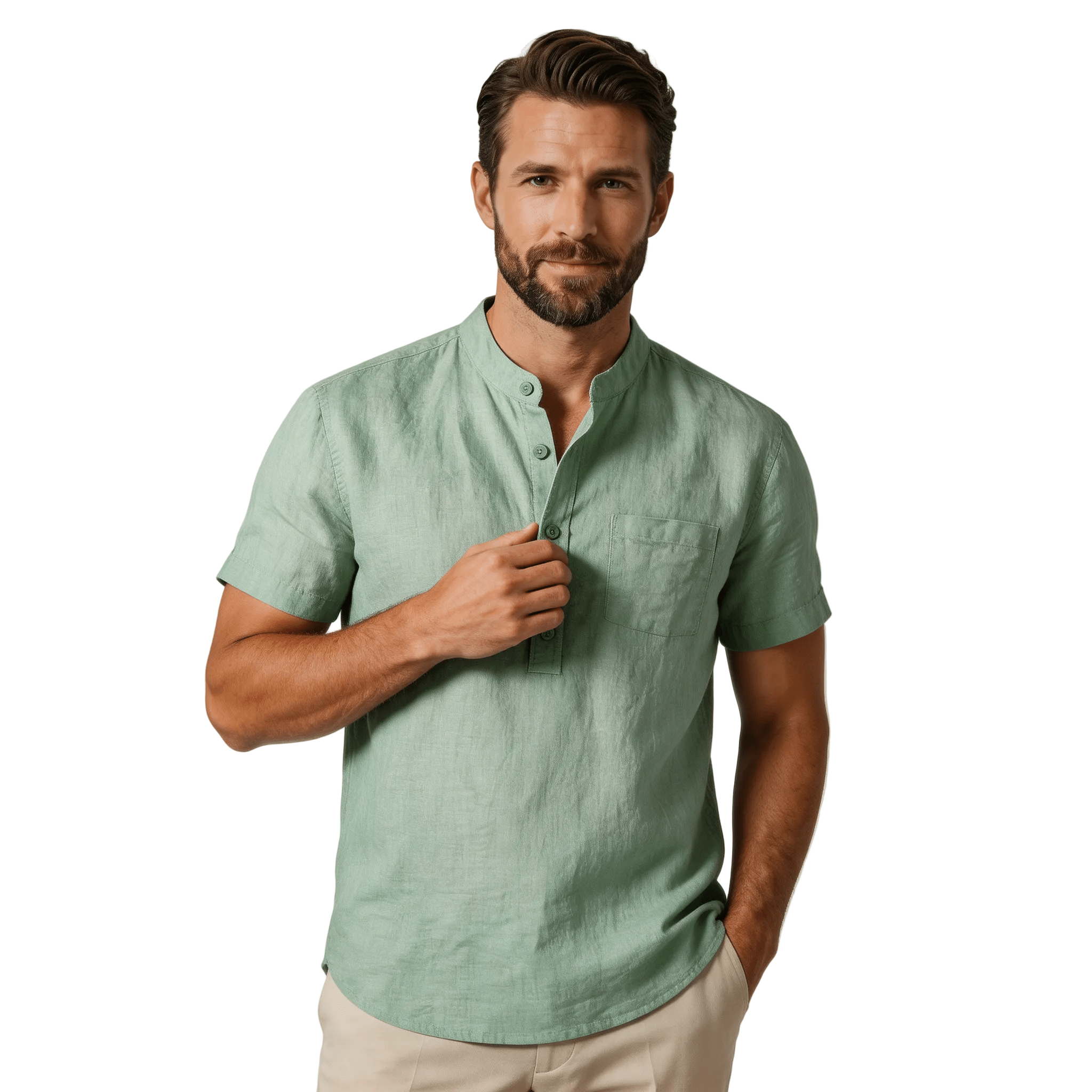 Lniana koszula męska krótki rękaw – stójka, luźny krój - Arkadya Outlet - Men Shirt