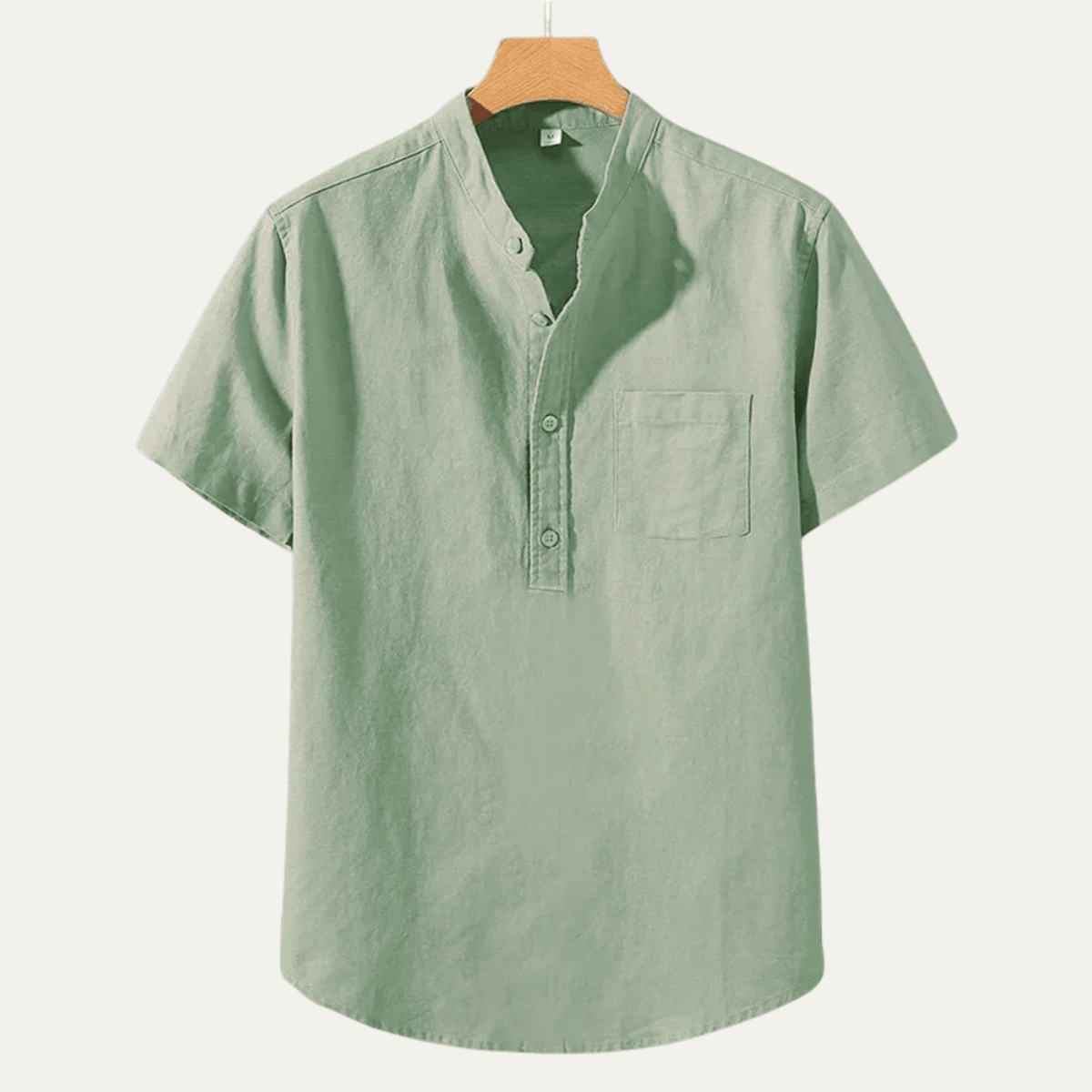 Lniana koszula męska krótki rękaw – stójka, luźny krój - Arkadya Outlet - Men Shirt