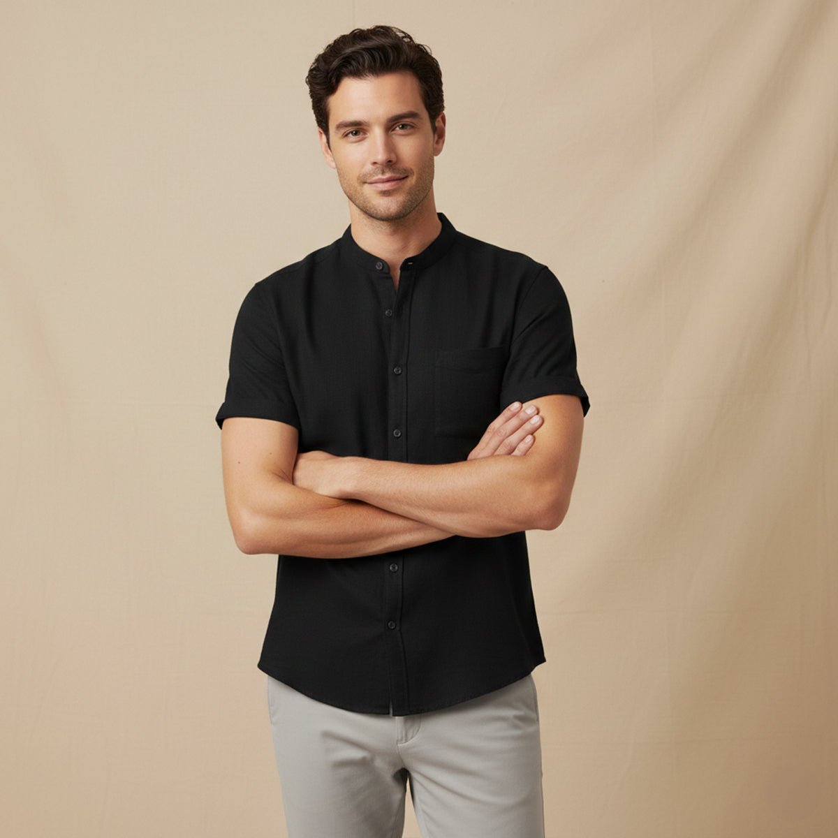 Lniana koszula męska oversize – krótki rękaw - Arkadya Outlet - Men Shirt