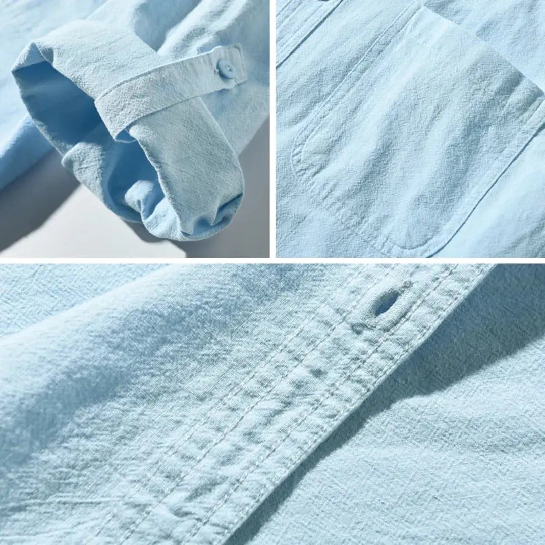 Lniana koszula męska rękaw 3/4 – luźny krój, listwa - Arkadya Outlet - Men Shirt
