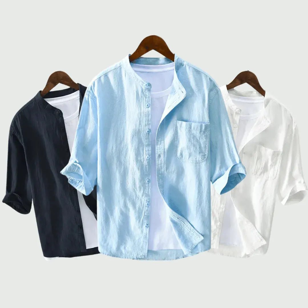 Lniana koszula męska rękaw 3/4 – luźny krój, listwa - Arkadya Outlet - Men Shirt