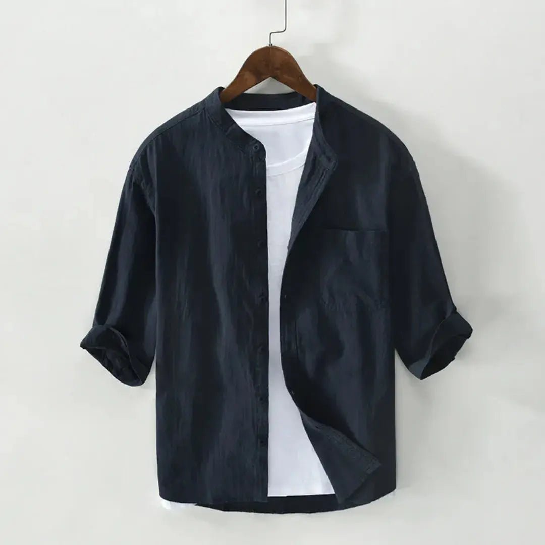 Lniana koszula męska rękaw 3/4 – luźny krój, listwa - Arkadya Outlet - Men Shirt
