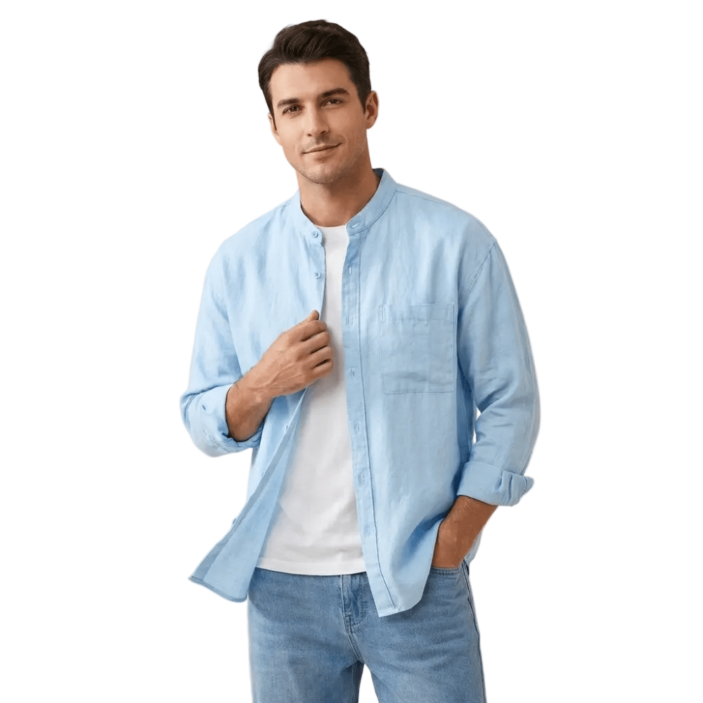 Lniana koszula męska rękaw 3/4 – luźny krój, listwa - Arkadya Outlet - Men Shirt