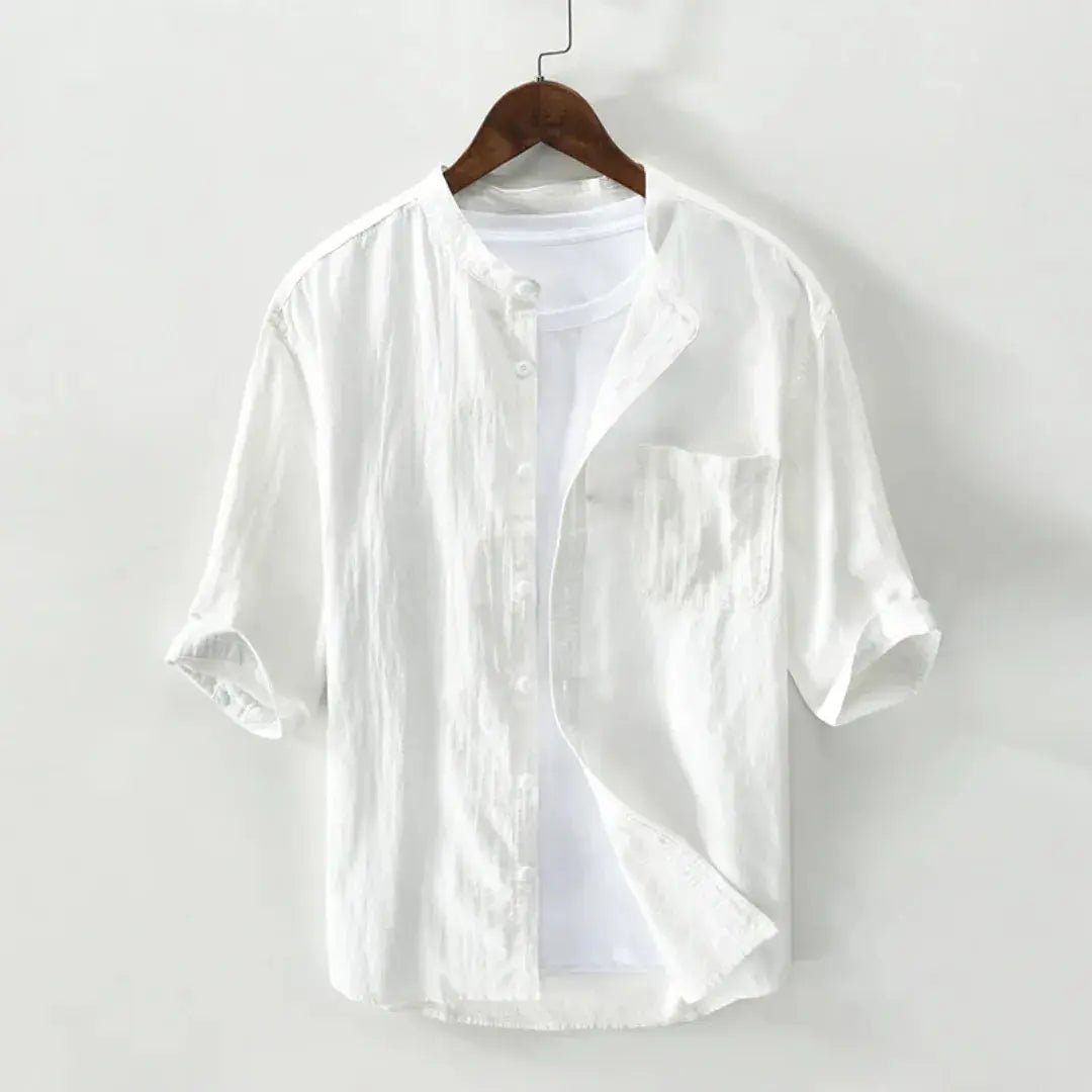 Lniana koszula męska rękaw 3/4 – luźny krój, listwa - Arkadya Outlet - Men Shirt