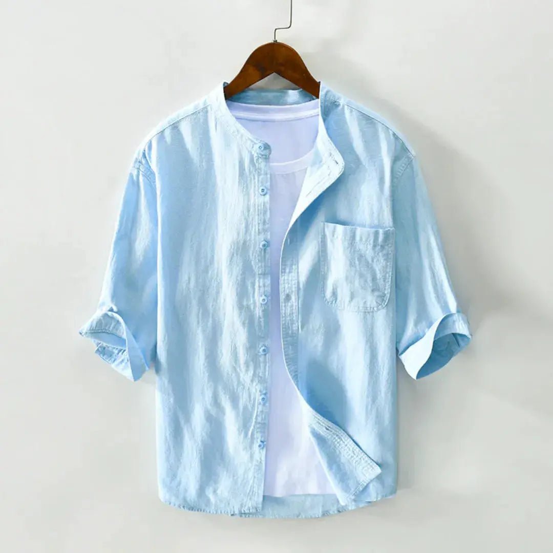 Lniana koszula męska rękaw 3/4 – luźny krój, listwa - Arkadya Outlet - Men Shirt