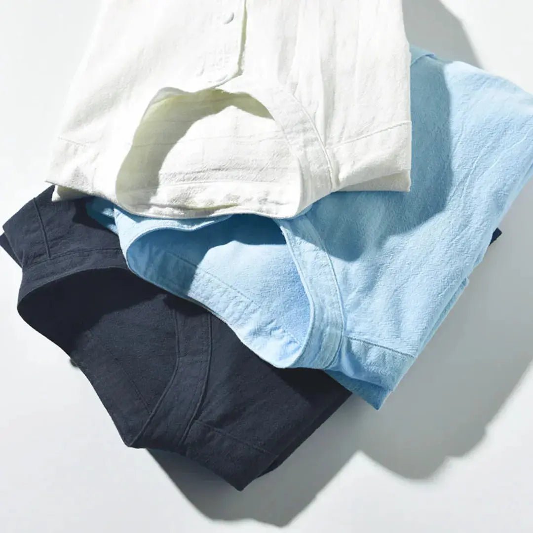 Lniana koszula męska rękaw 3/4 – luźny krój, listwa - Arkadya Outlet - Men Shirt
