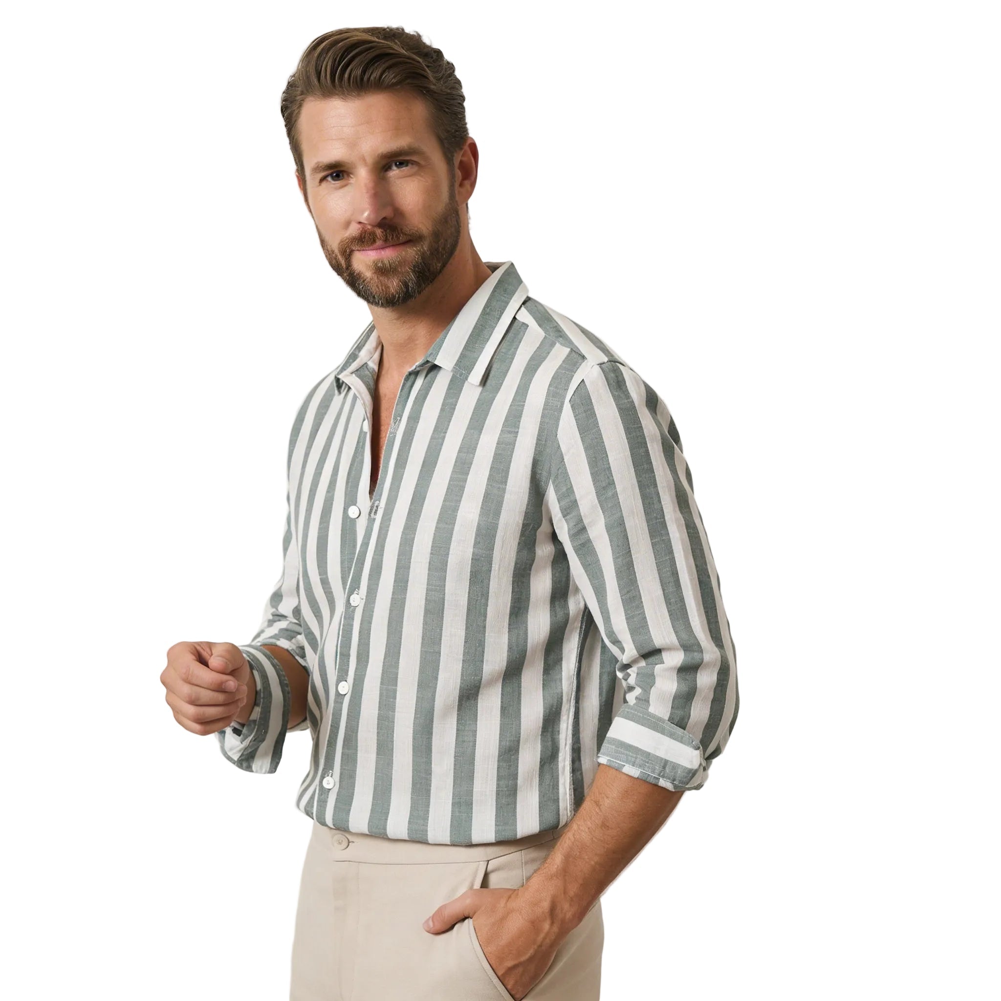 Lniana koszula męska w paski – luźny krój, guziki - Arkadya Outlet - Men Shirt