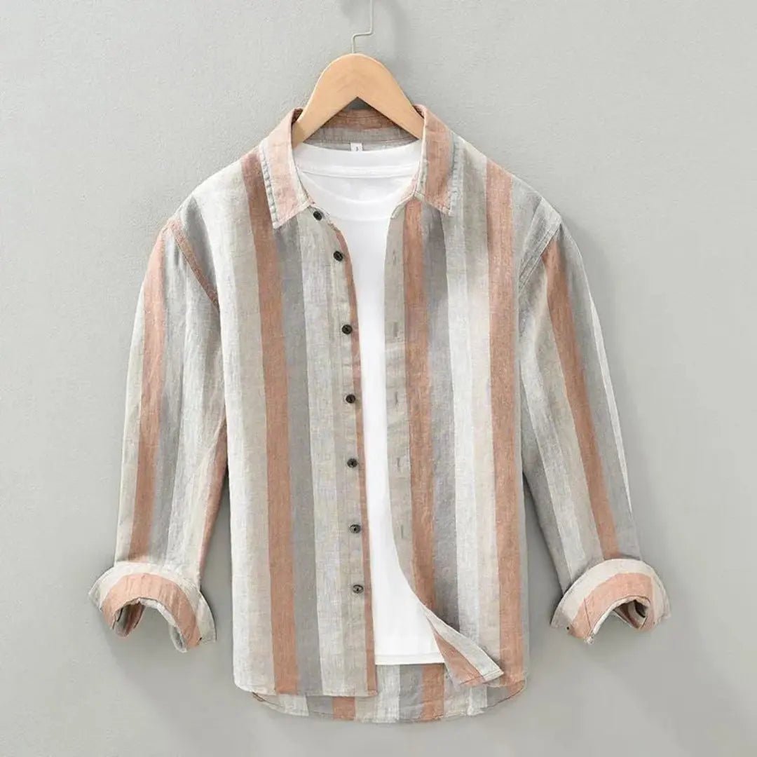Lniana koszula męska w paski – luźny krój, guzikic - Arkadya Outlet - Men Shirt