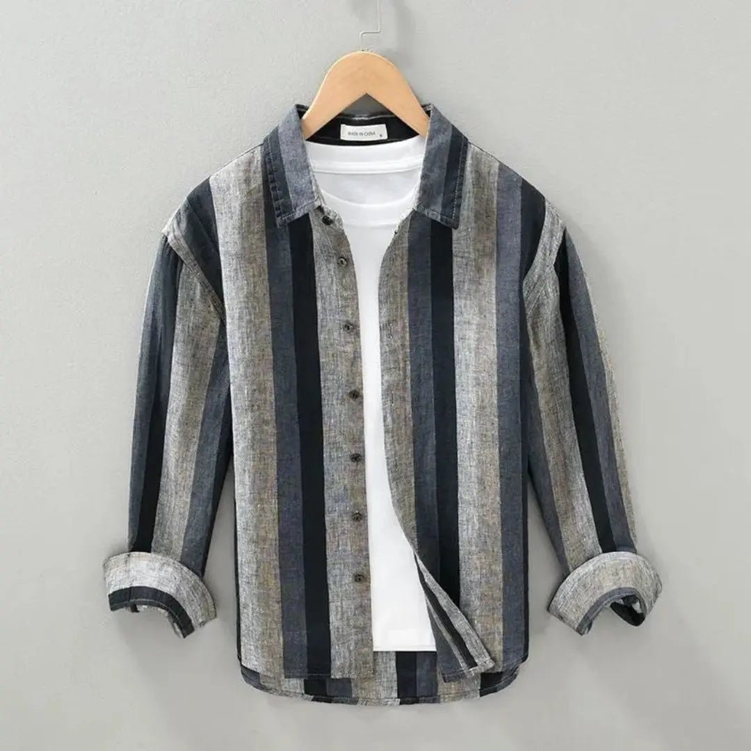 Lniana koszula męska w paski – luźny krój, guzikic - Arkadya Outlet - Men Shirt