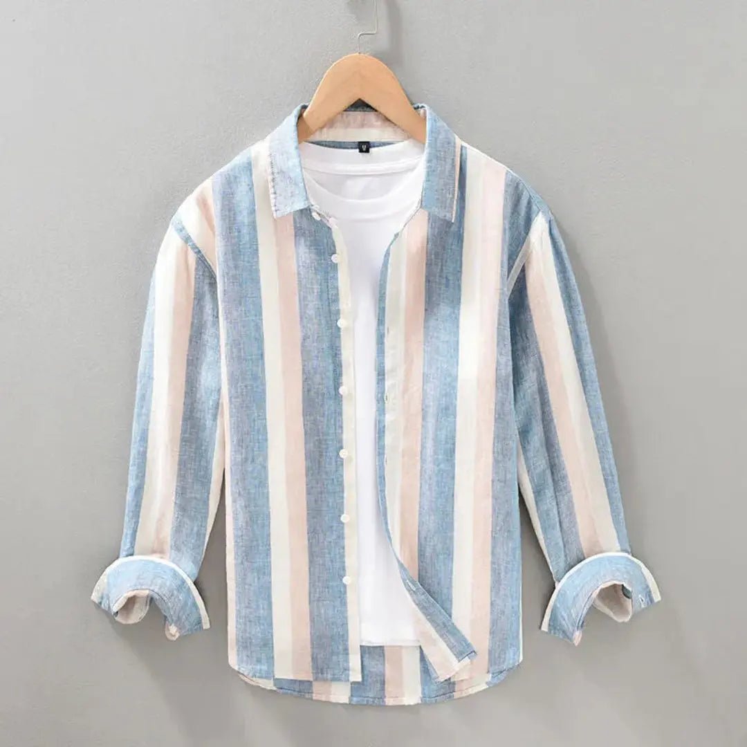 Lniana koszula męska w paski – luźny krój, guzikic - Arkadya Outlet - Men Shirt