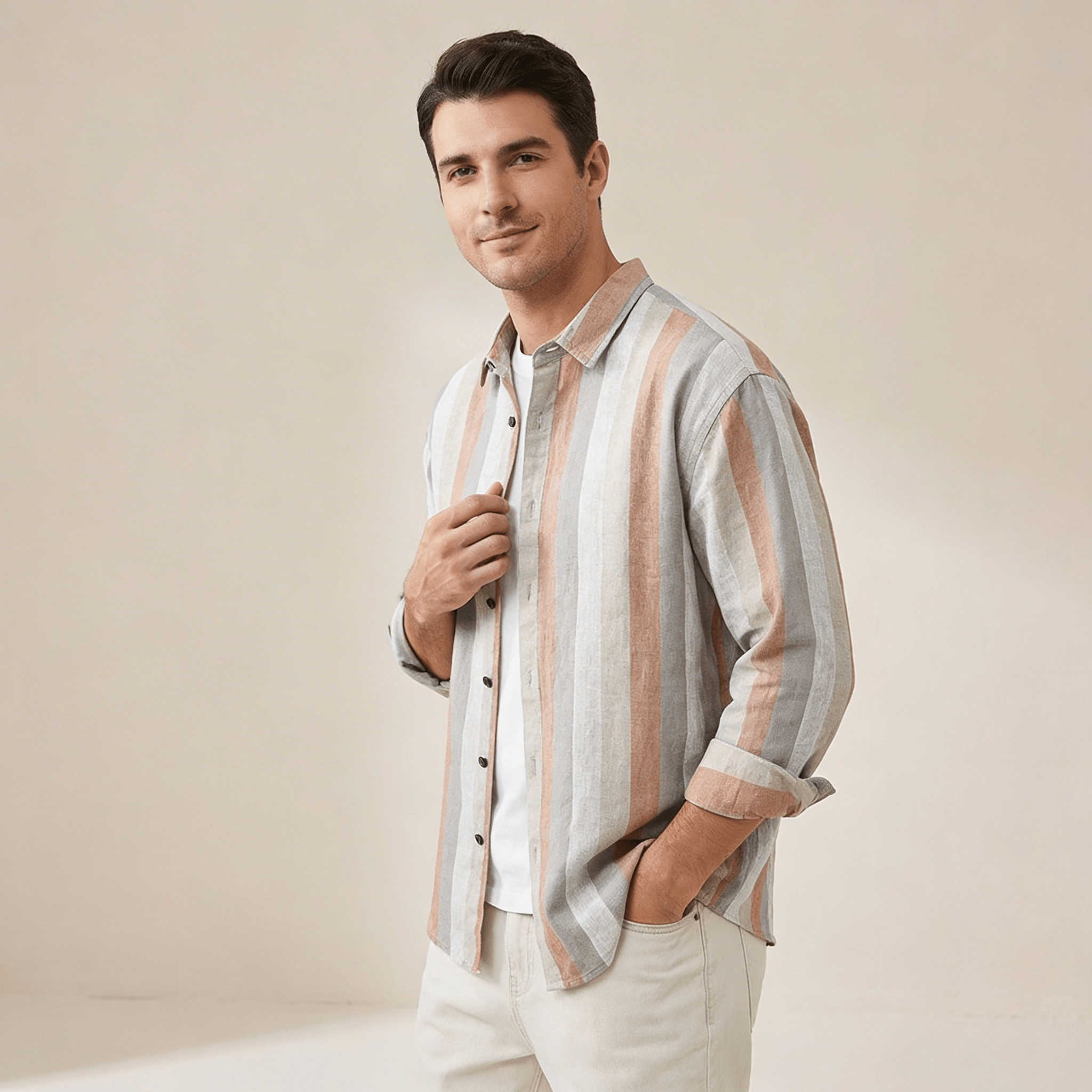 Lniana koszula męska w paski – luźny krój, guzikic - Arkadya Outlet - Men Shirt