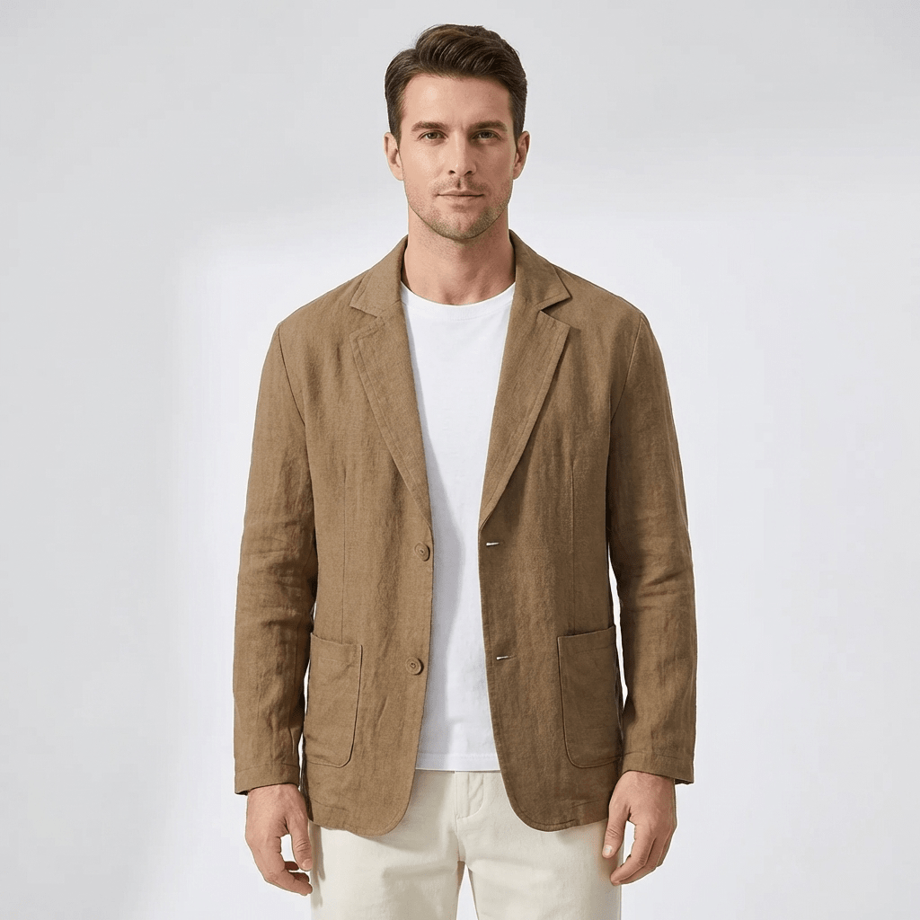 Lniana kurtka męska luźny krój – lekka konstrukcja - Arkadya Outlet - Men Jacket