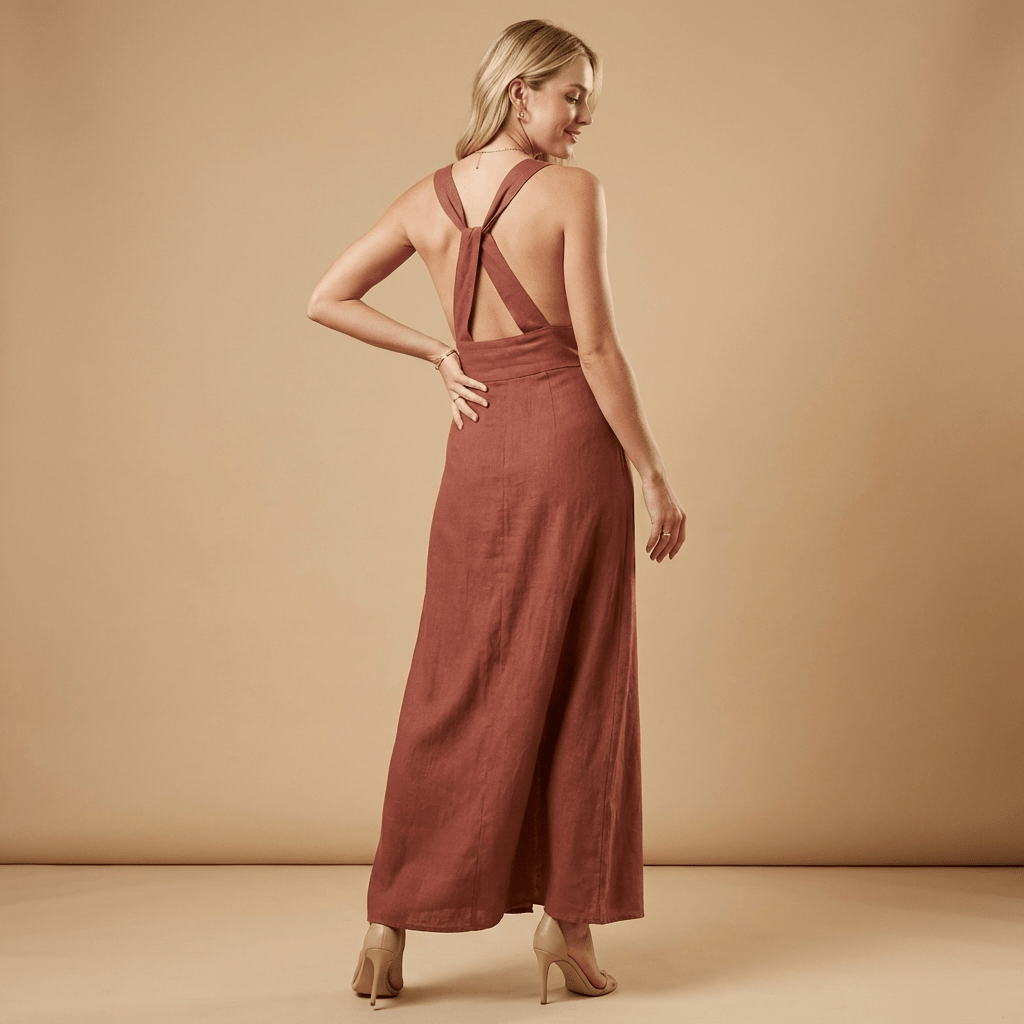 Lniana sukienka maxi bez rękawów – dekolt V, odkryte plecy - Arkadya Outlet - Women Maxi Dress