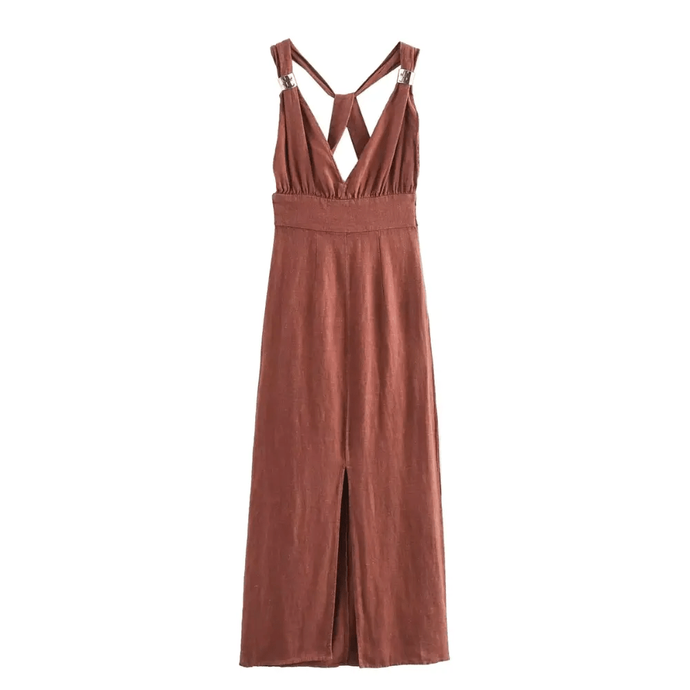 Lniana sukienka maxi bez rękawów – dekolt V, odkryte plecy - Arkadya Outlet - Women Maxi Dress