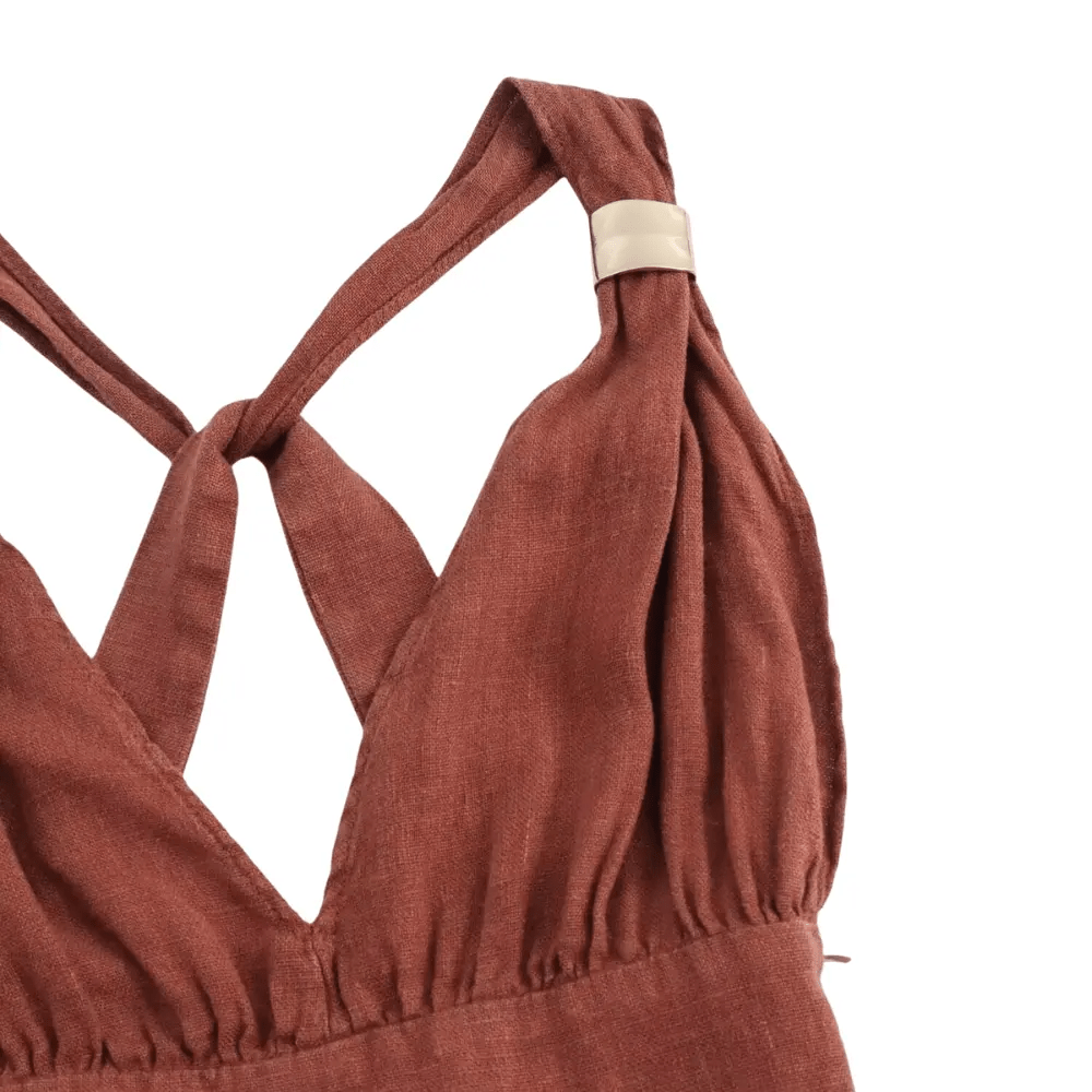 Lniana sukienka maxi bez rękawów – dekolt V, odkryte plecy - Arkadya Outlet - Women Maxi Dress