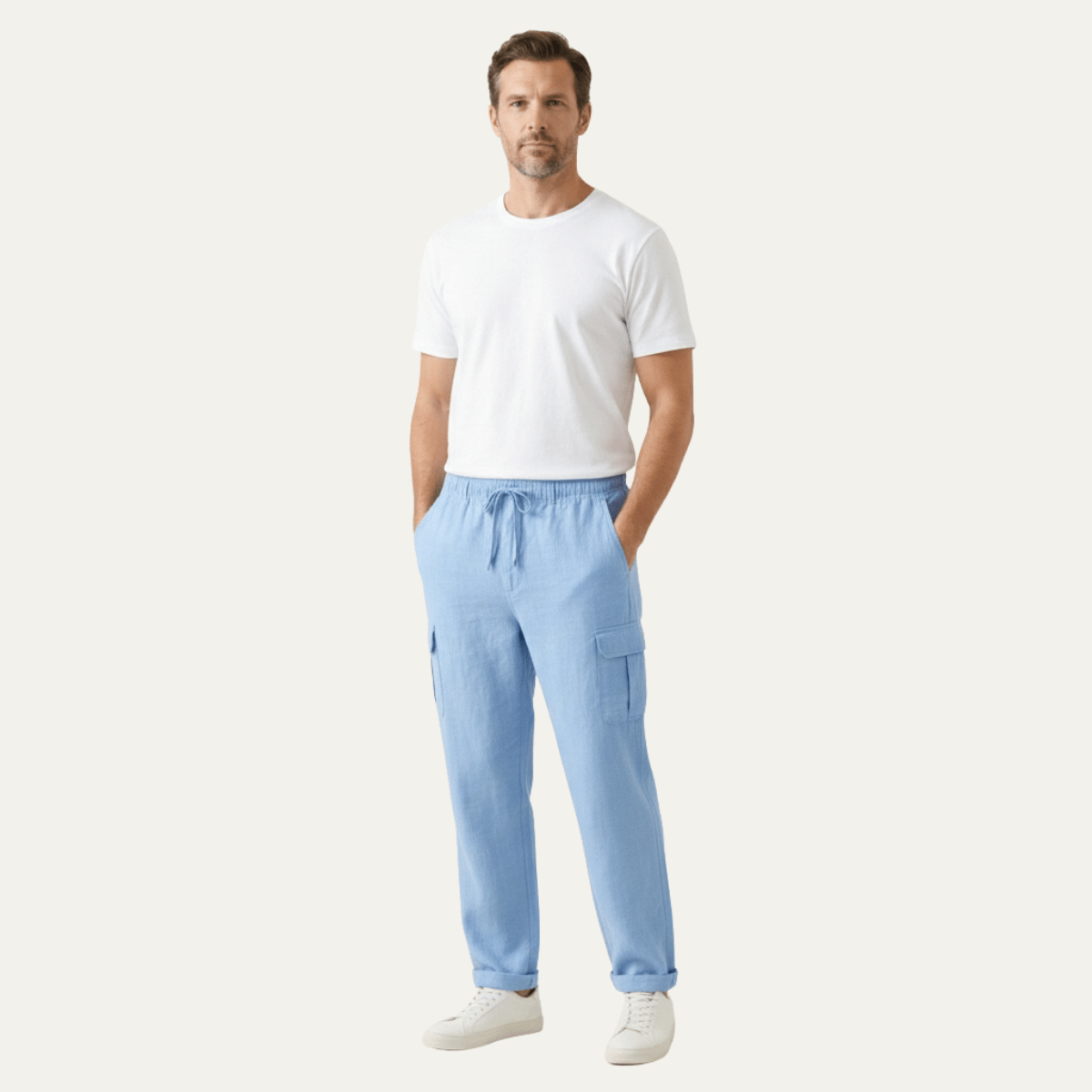 Lniane spodnie cargo męskie – szeroki krój, kieszenie - Arkadya Outlet - Men Pants