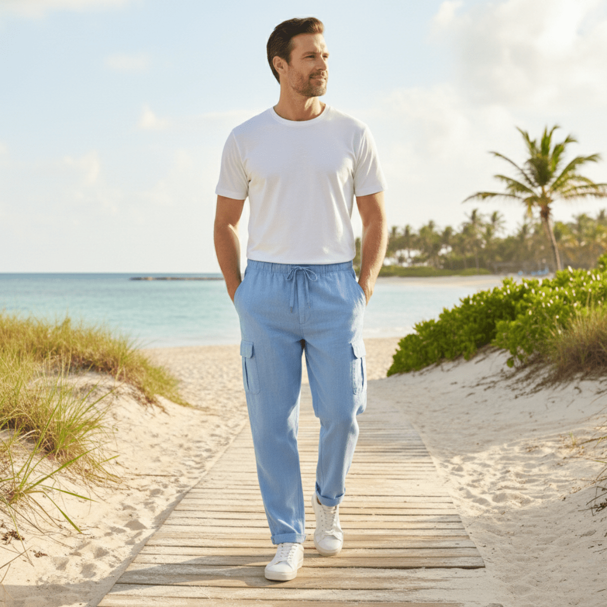 Lniane spodnie cargo męskie – szeroki krój, kieszenie - Arkadya Outlet - Men Pants