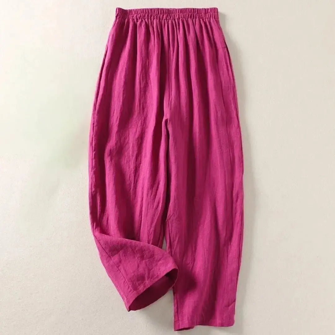 Lniane spodnie damskie 7/8 – luźny krój, elastyczny pas - Arkadya Outlet - Women Pants