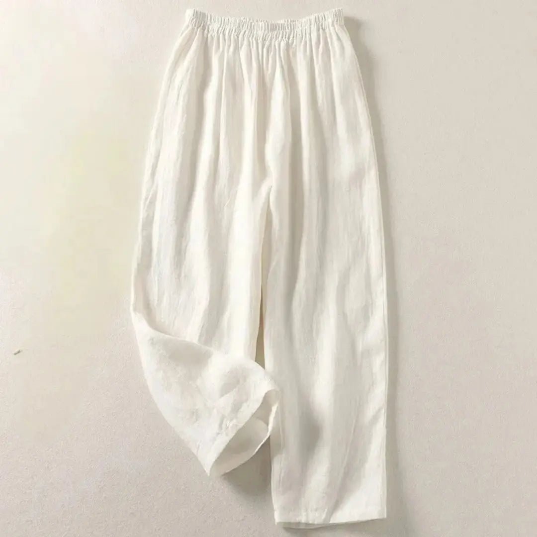 Lniane spodnie damskie 7/8 – luźny krój, elastyczny pas - Arkadya Outlet - Women Pants