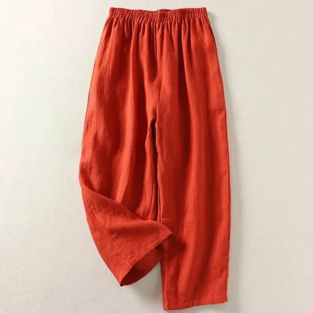 Lniane spodnie damskie 7/8 – luźny krój, elastyczny pas - Arkadya Outlet - Women Pants
