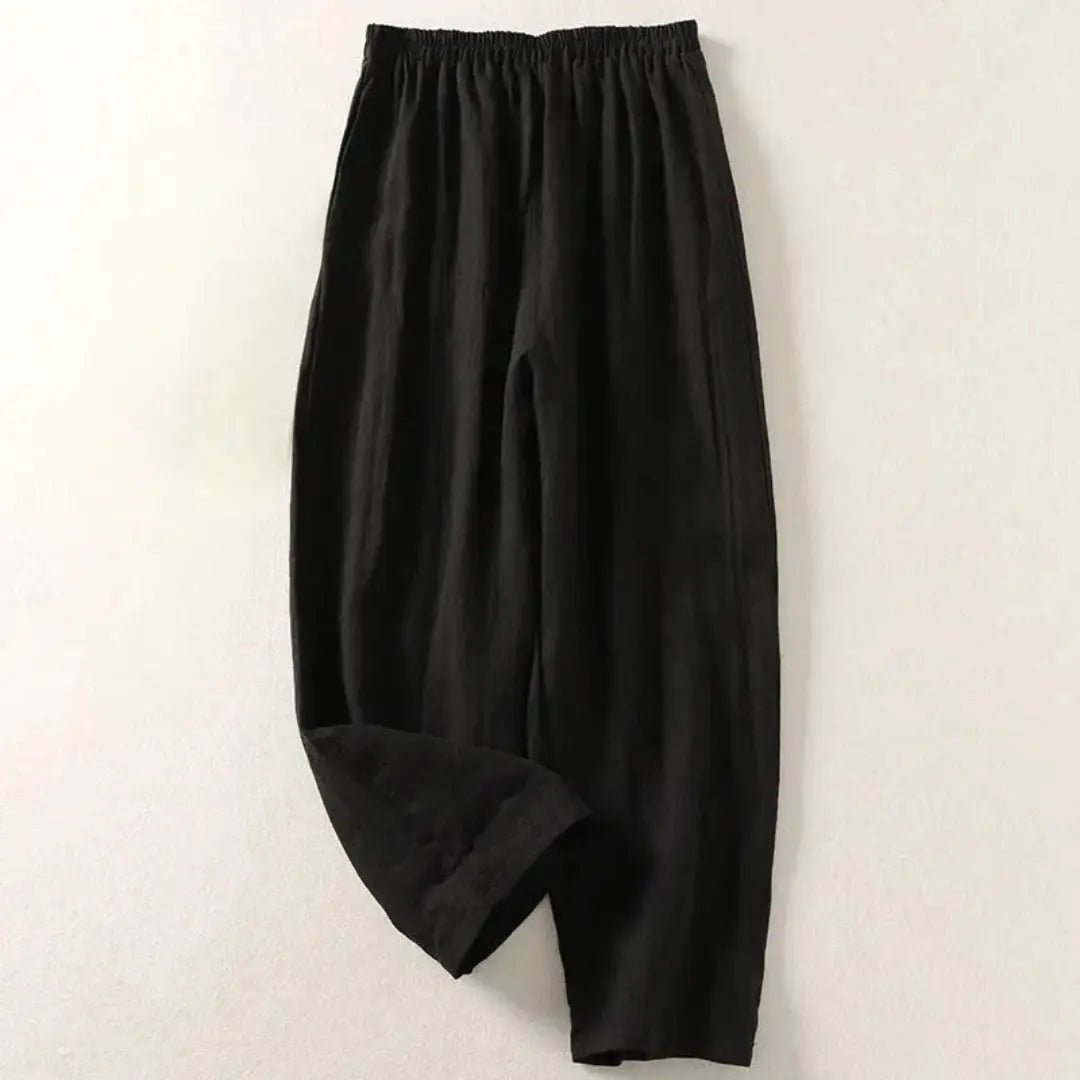 Lniane spodnie damskie 7/8 – luźny krój, elastyczny pas - Arkadya Outlet - Women Pants