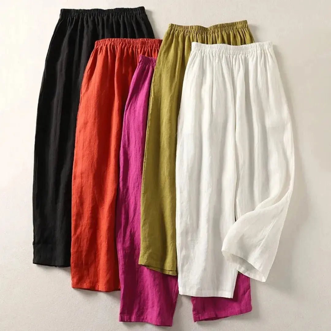 Lniane spodnie damskie 7/8 – luźny krój, elastyczny pas - Arkadya Outlet - Women Pants