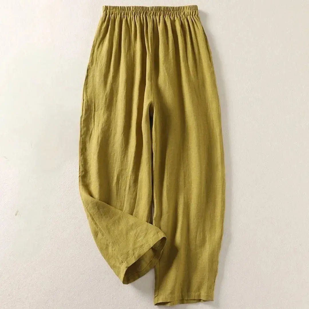 Lniane spodnie damskie 7/8 – luźny krój, elastyczny pas - Arkadya Outlet - Women Pants