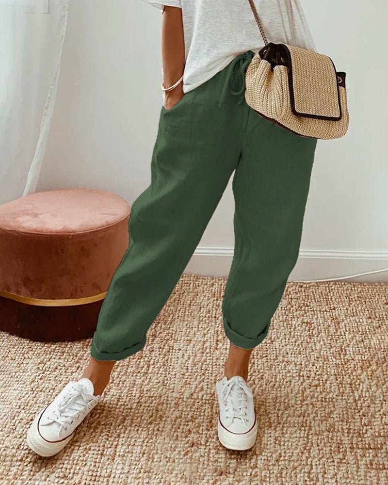 Lniane spodnie damskie – luźny krój, wiązany pas - Arkadya Outlet - Women Pants
