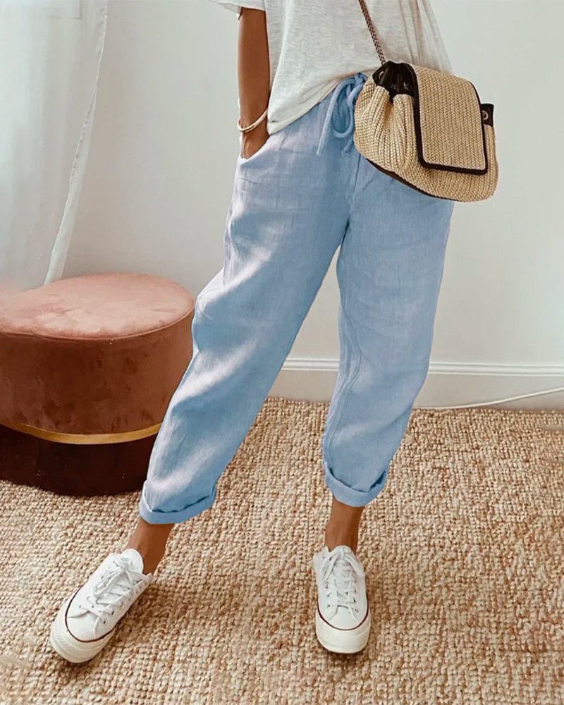 Lniane spodnie damskie – luźny krój, wiązany pas - Arkadya Outlet - Women Pants