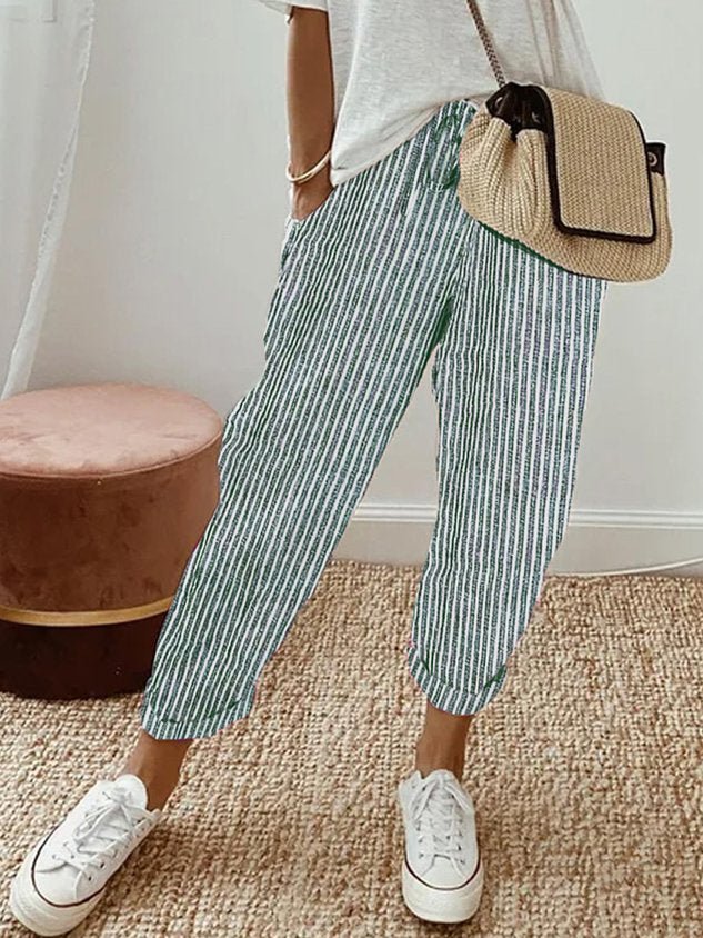 Lniane spodnie damskie – luźny krój, wiązany pas - Arkadya Outlet - Women Pants
