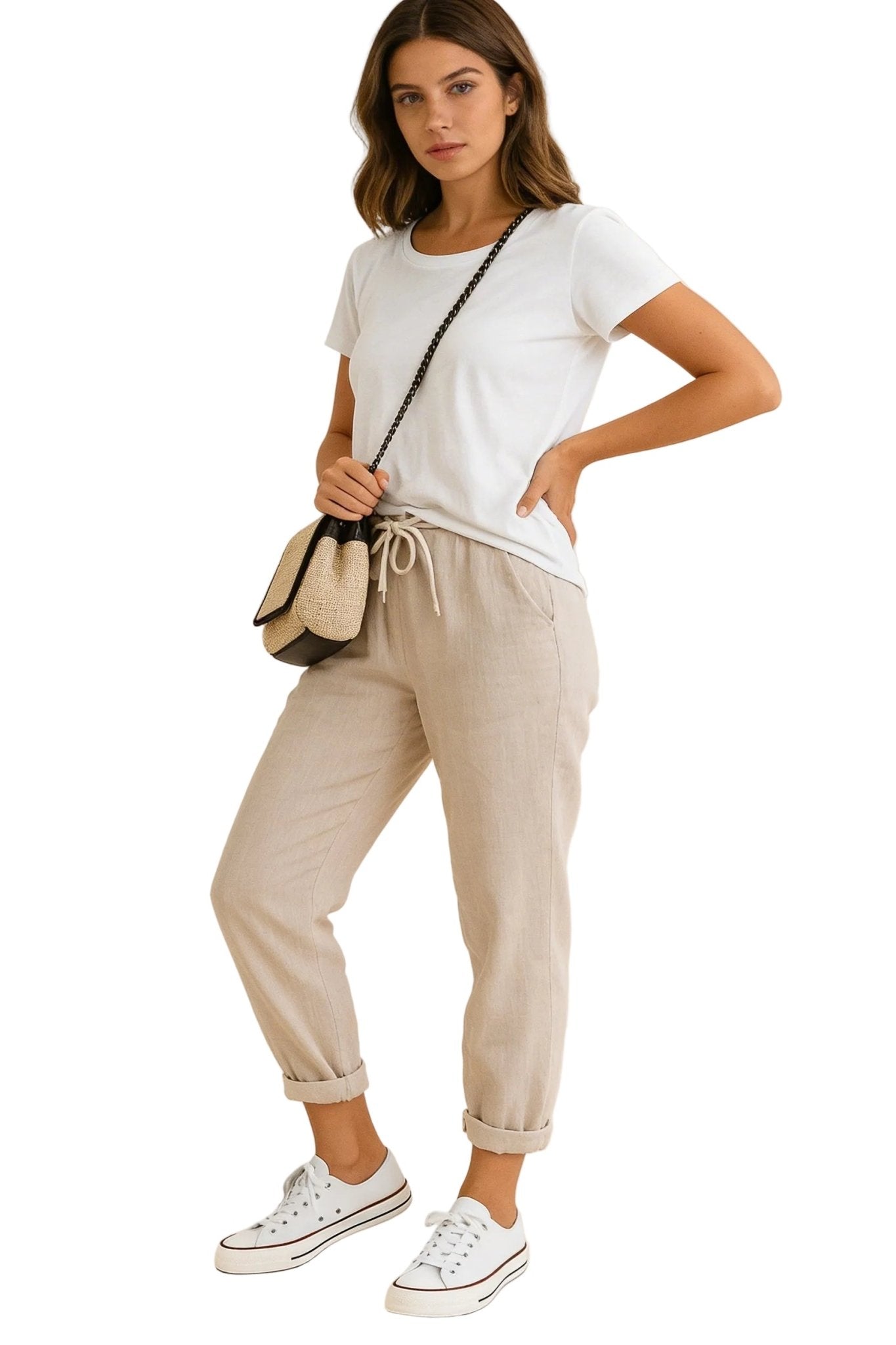 Lniane spodnie damskie – luźny krój, wiązany pas - Arkadya Outlet - Women Pants