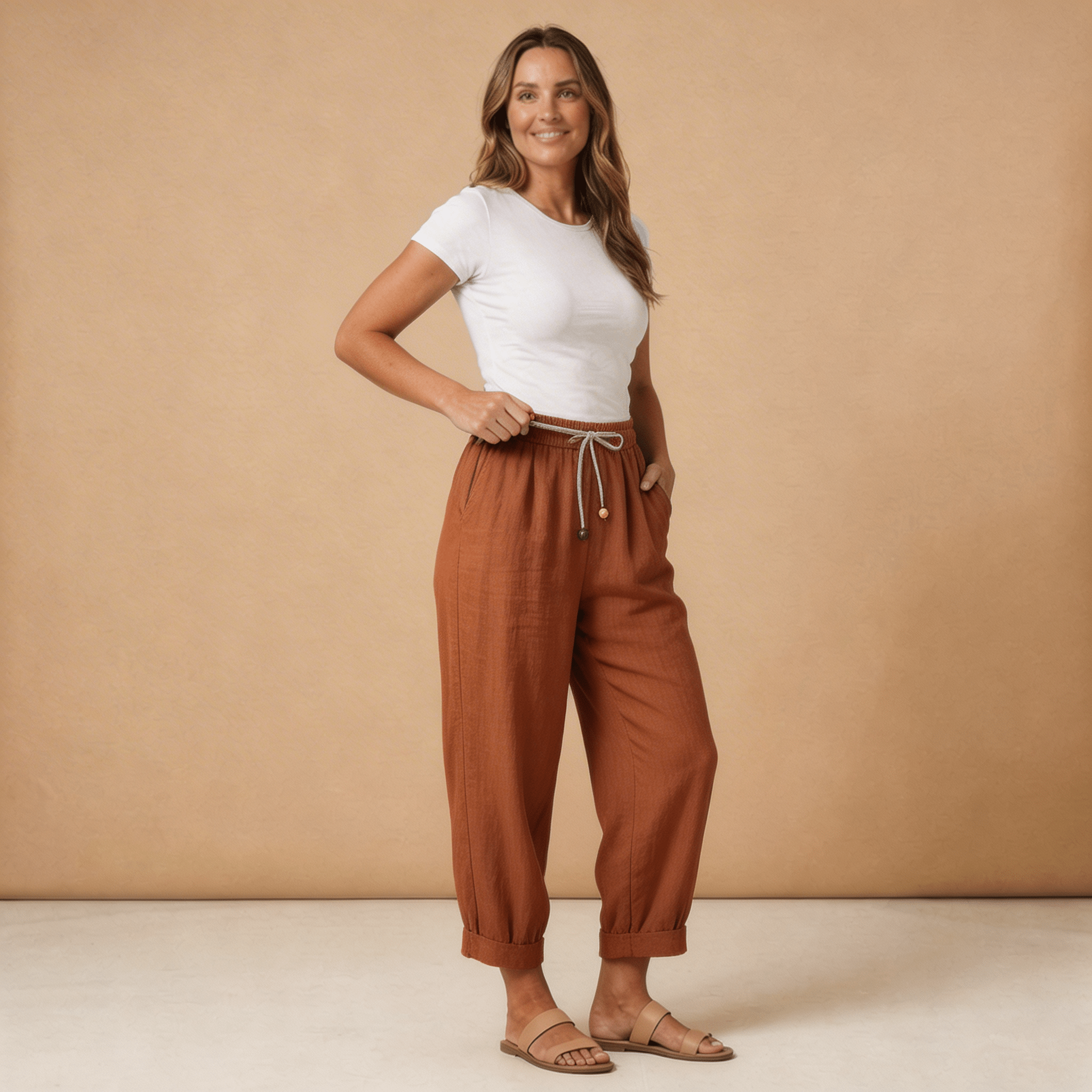 Lniane spodnie damskie – luźny krój, zwężana nogawka, kieszenie - Arkadya Outlet - Women Pants