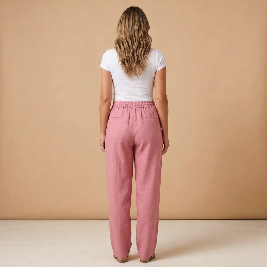 Lniane spodnie damskie – szeroka nogawka, wiązanie w pasie - Arkadya Outlet - Women Pants