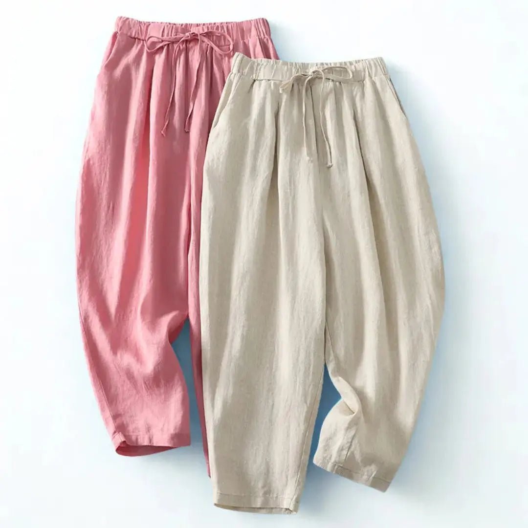 Lniane spodnie damskie – szeroka nogawka, wiązanie w pasie - Arkadya Outlet - Women Pants