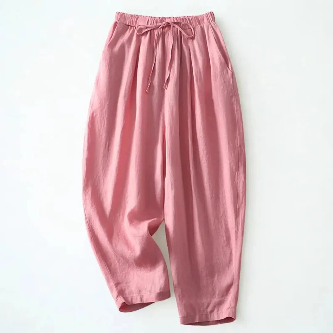 Lniane spodnie damskie – szeroka nogawka, wiązanie w pasie - Arkadya Outlet - Women Pants