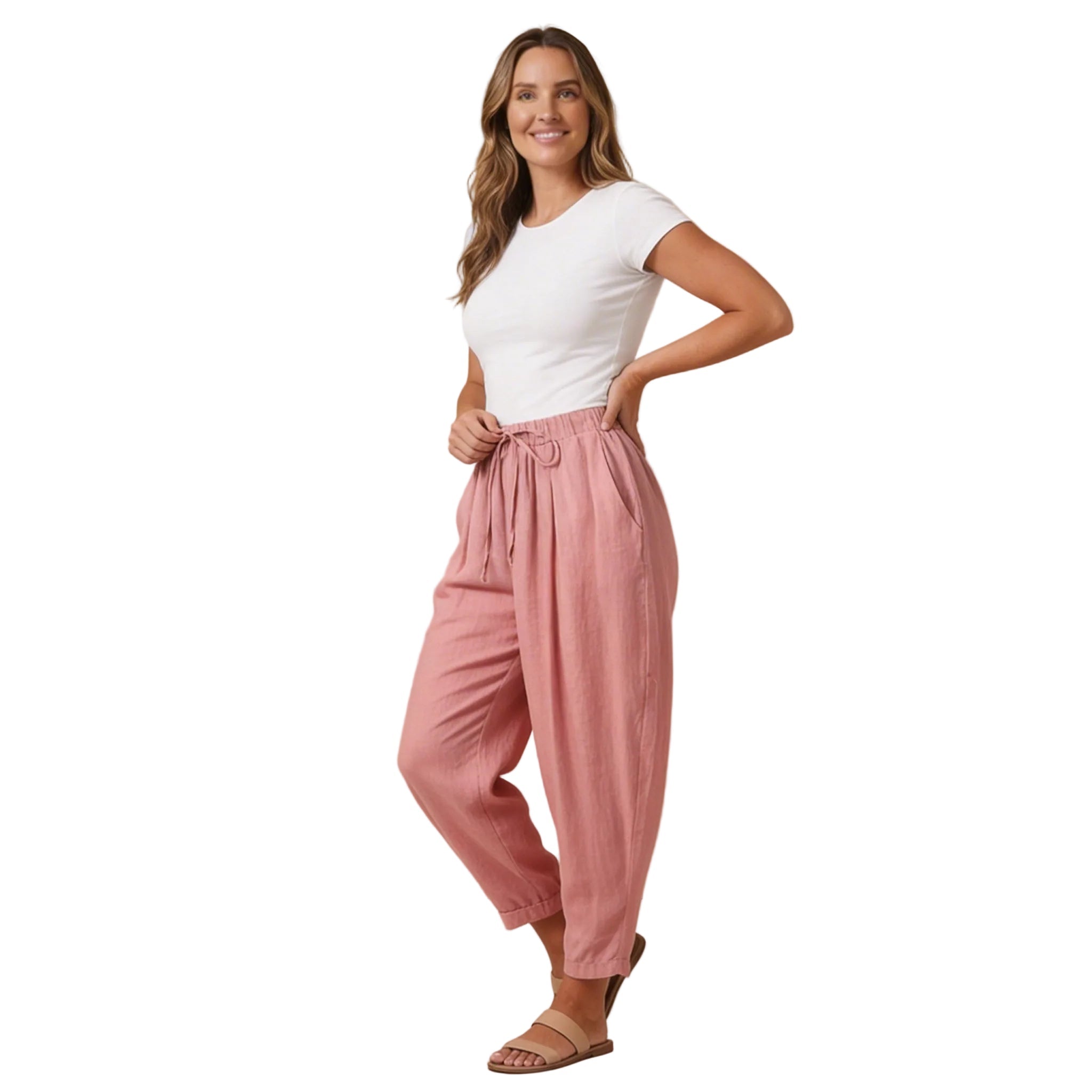 Lniane spodnie damskie – szeroka nogawka, wiązanie w pasie - Arkadya Outlet - Women Pants