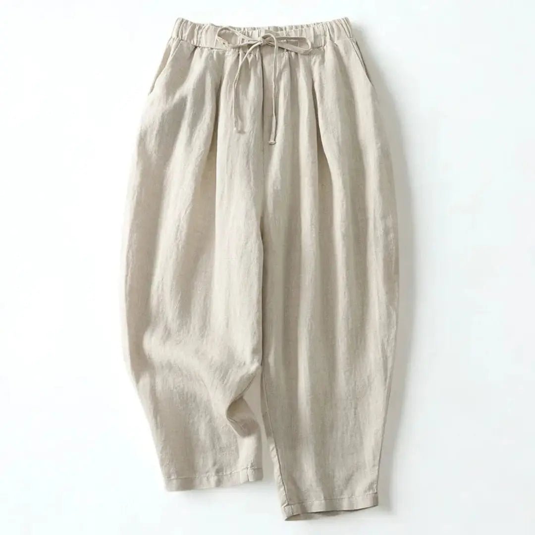Lniane spodnie damskie – szeroka nogawka, wiązanie w pasie - Arkadya Outlet - Women Pants