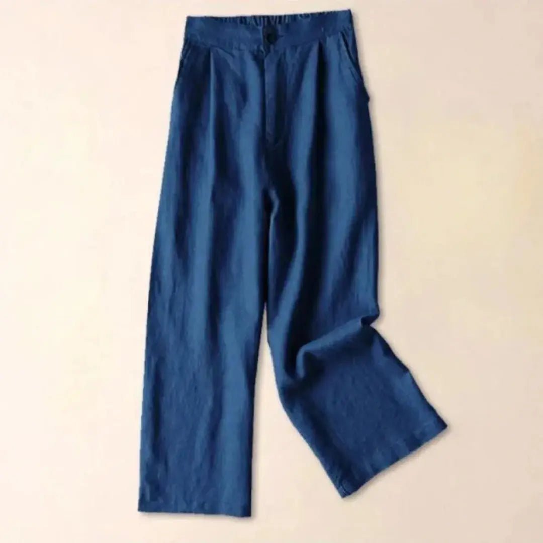 Lniane spodnie damskie z wysokim stanem – plisy i kieszenie - Arkadya Outlet - Women Pants
