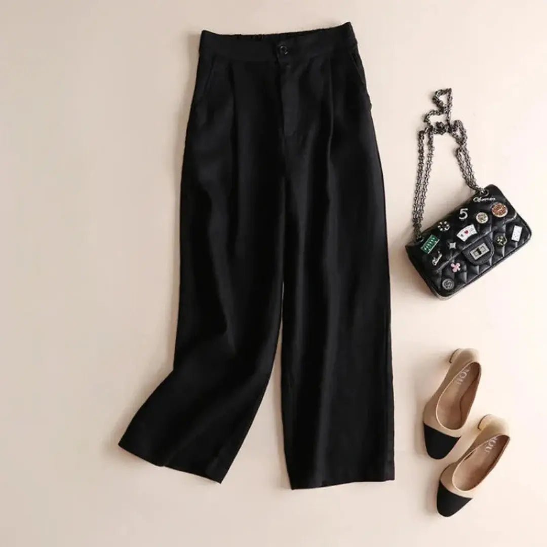 Lniane spodnie damskie z wysokim stanem – plisy i kieszenie - Arkadya Outlet - Women Pants