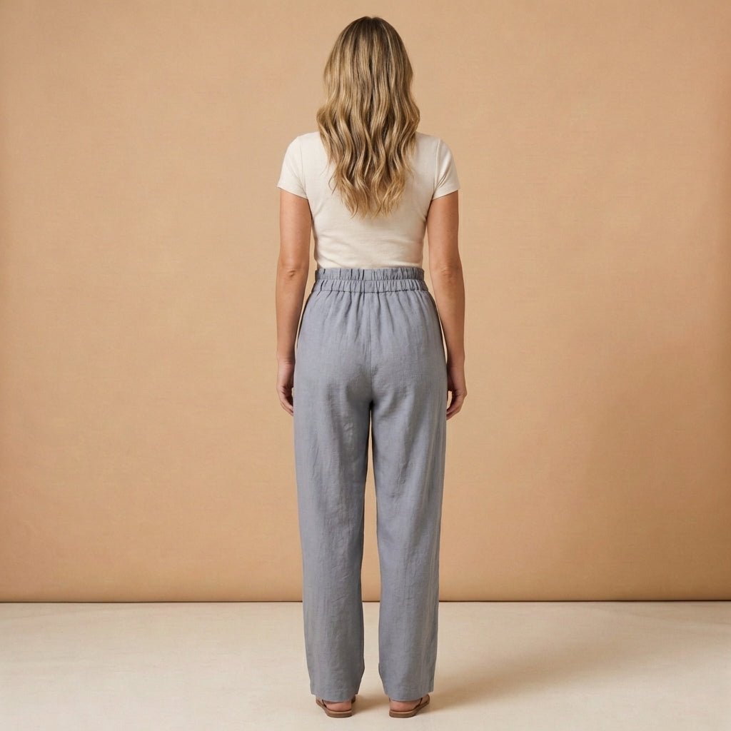 Lniane spodnie damskie z wysokim stanem – szeroka nogawka - Arkadya Outlet - Women Pants