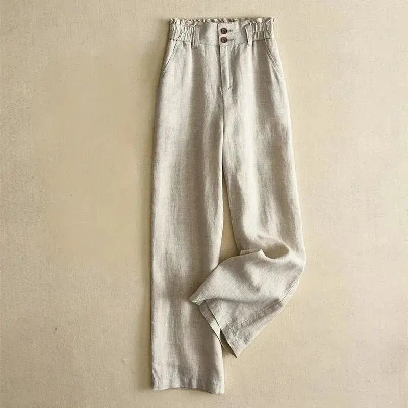Lniane spodnie damskie z wysokim stanem – szeroka nogawka - Arkadya Outlet - Women Pants