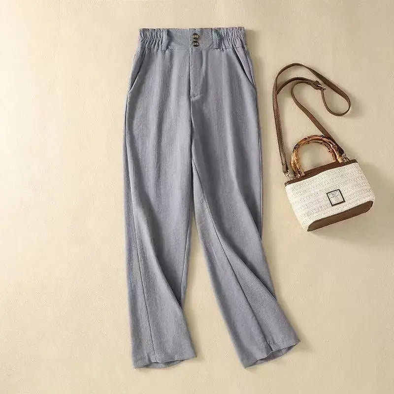 Lniane spodnie damskie z wysokim stanem – szeroka nogawka - Arkadya Outlet - Women Pants