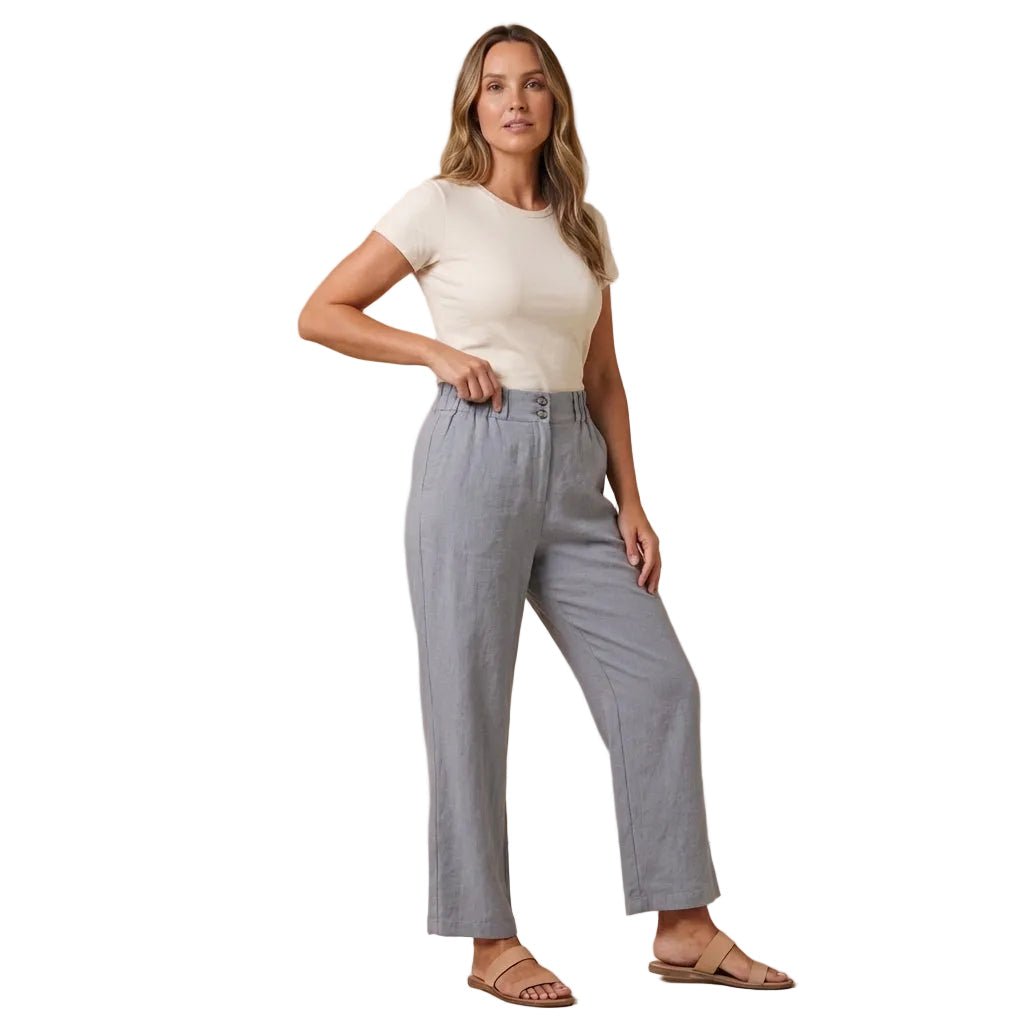 Lniane spodnie damskie z wysokim stanem – szeroka nogawka - Arkadya Outlet - Women Pants
