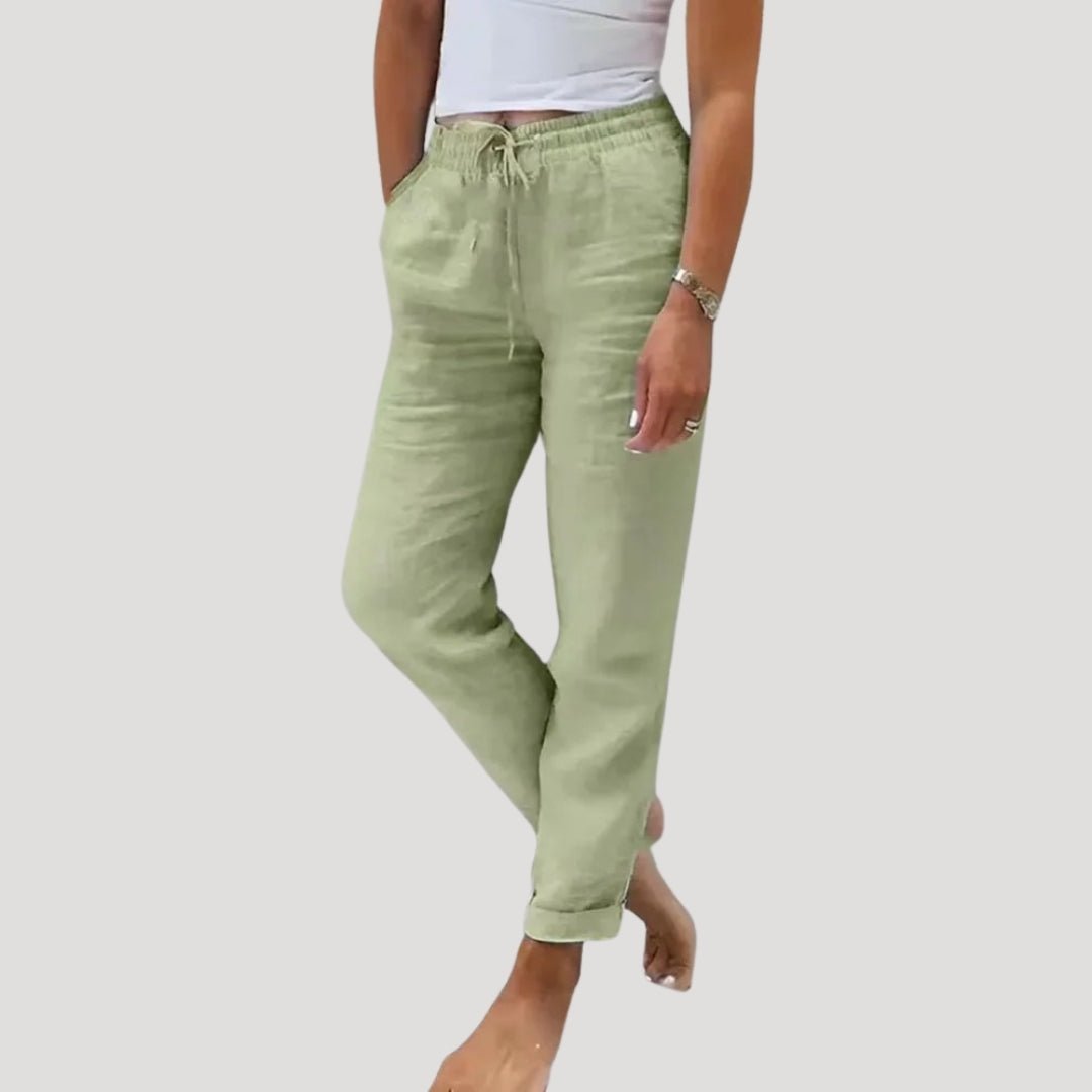 Lniane spodnie damskie – zwężany krój, elastyczny pas - Arkadya Outlet - Women Pants