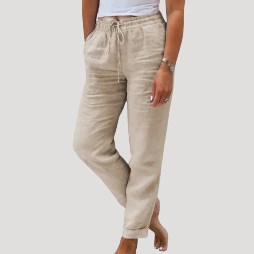 Lniane spodnie damskie – zwężany krój, elastyczny pas - Arkadya Outlet - Women Pants