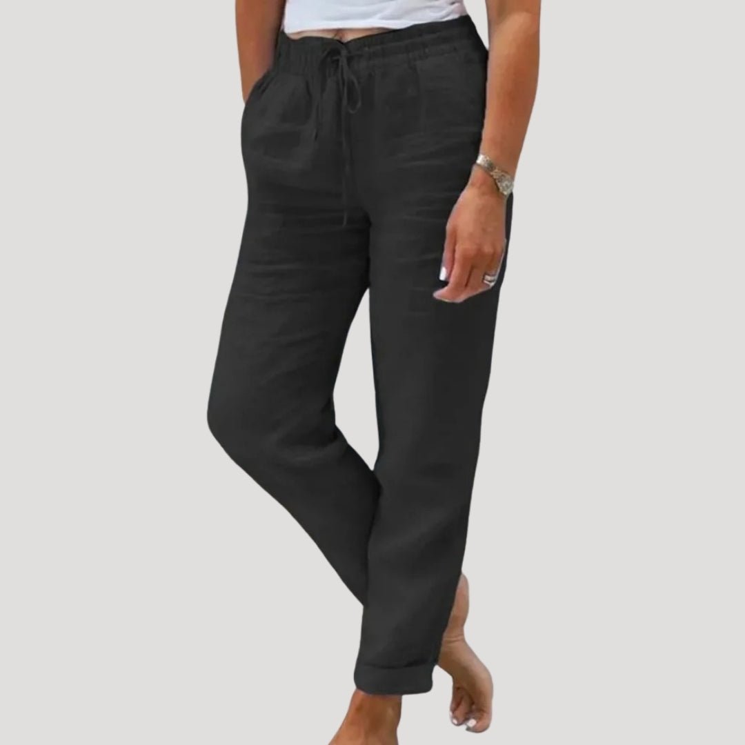 Lniane spodnie damskie – zwężany krój, elastyczny pas - Arkadya Outlet - Women Pants