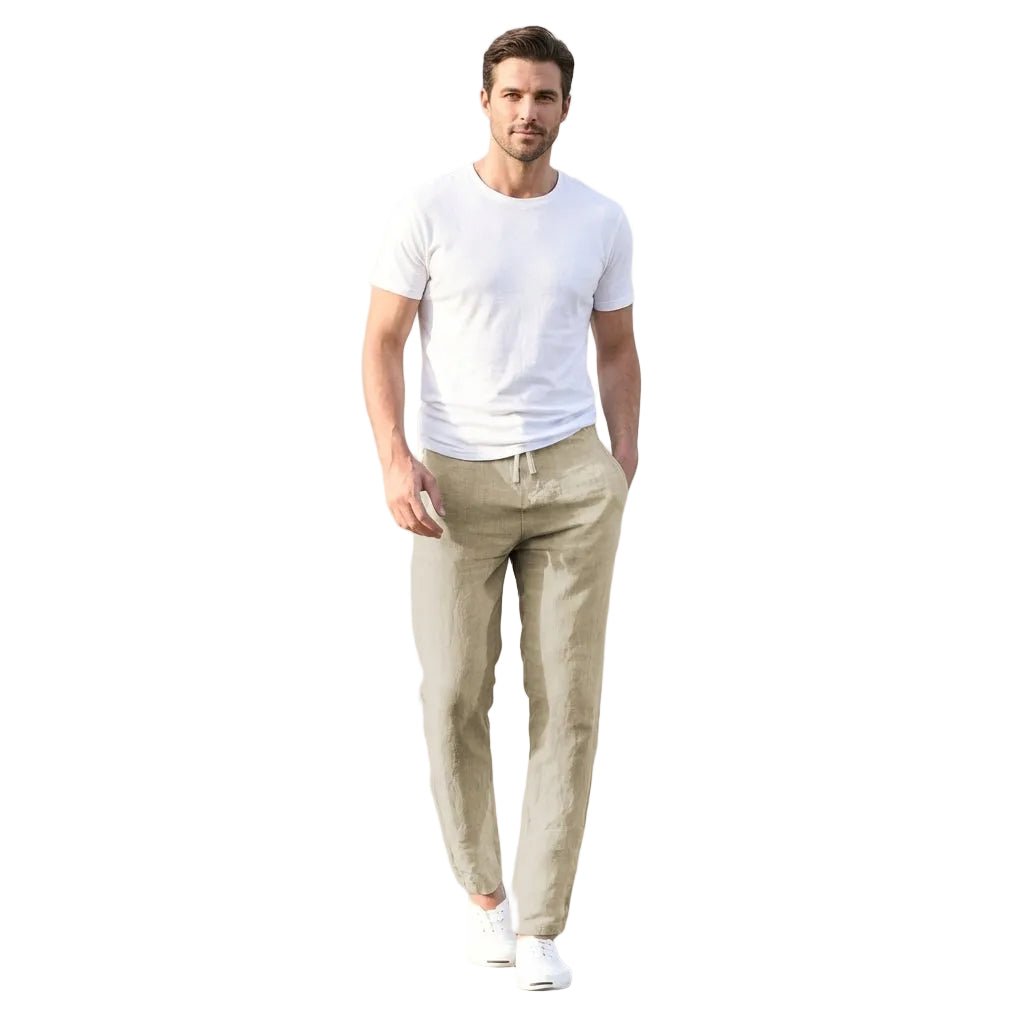Lniane spodnie męskie – luźny krój, elastyczny pas - Arkadya Outlet - Men Pants