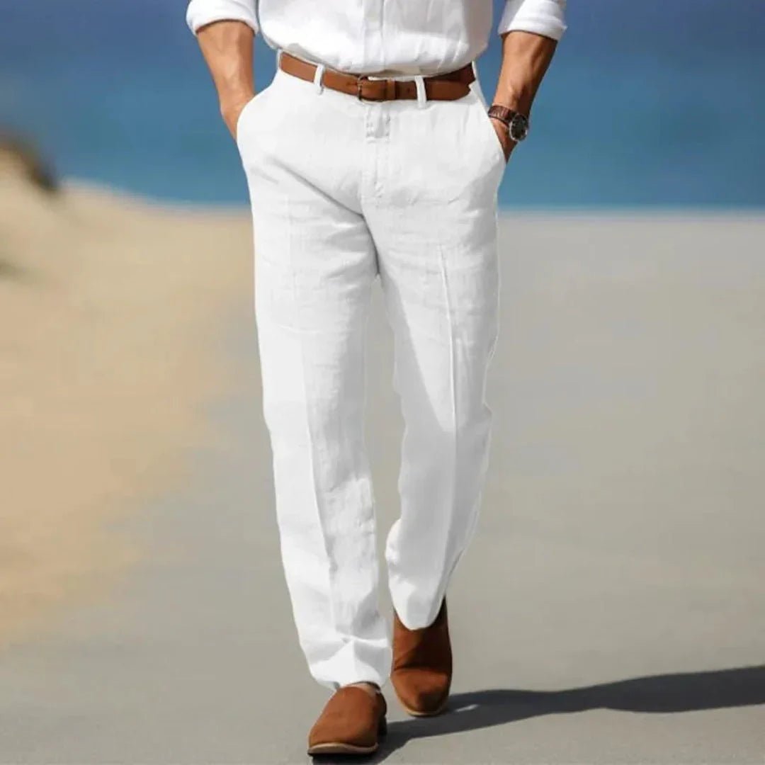 Lniane spodnie męskie – luźny krój, zamek, szlufki - Arkadya Outlet - Men Pants